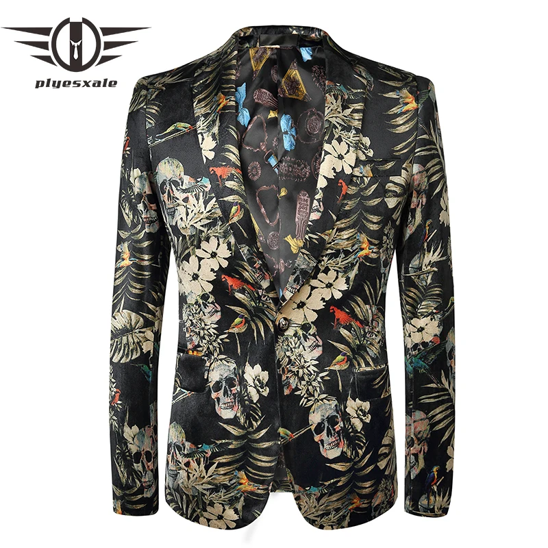 Plyesxale Velvet Blazer Men 2018 New Spring Skull Flower Pattern Mens Printed Blazers 4 5XL
