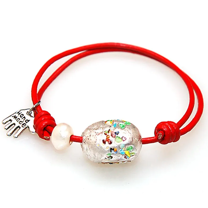 

Miasol Adjustable Handmade Friendship Leather Silver Foiled Lampwork Glass Beads Freshwater Pearls Charm Wrap Bracelet For Women