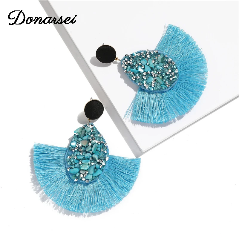 

Donarsei Bohemia Stones Water Drop Tassel Earrings For Women Ethnic Rhinestone Sector Fringe Dangling Earrings Boho Jewelry
