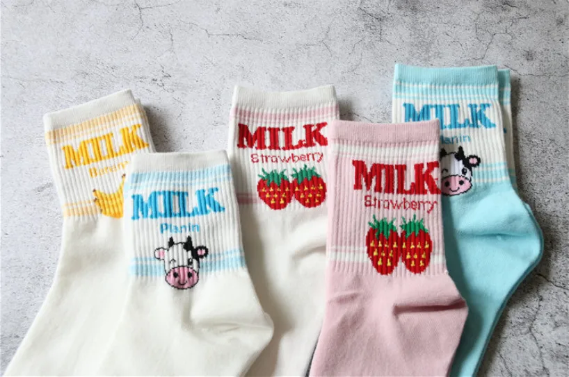 Pile Heap Milk Women Pink Socks Cotton Cartoon Fruit Print Cute Socks Meias Korean Harajuku Style with Cow Strawberry Banana 39