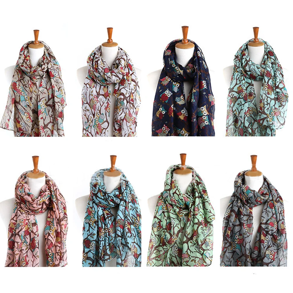 

50-180cm Women Ladies Girls Cartoon Owl Sheer Scarf Soft Lightweight Casual Warm Shawl Wrap