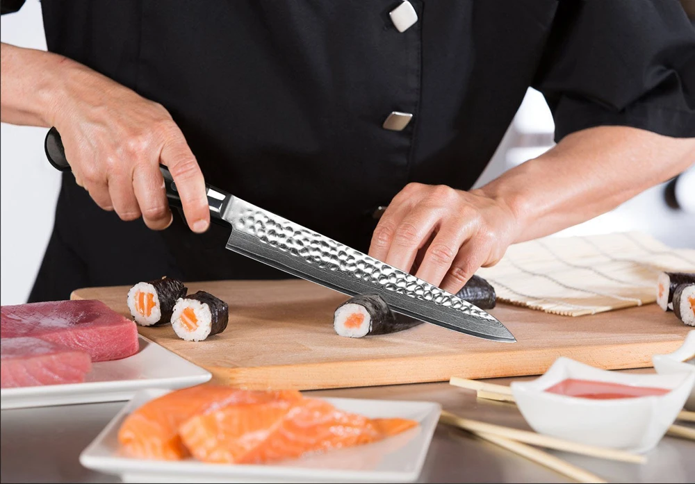 TURWHO гироборд с колесами 8 дюймов нарезки Ножи Япония Дамасская Сталь тесак нож для мяса эбенового дерева ручка Профессиональный сашими шеф-повар суши для ножей