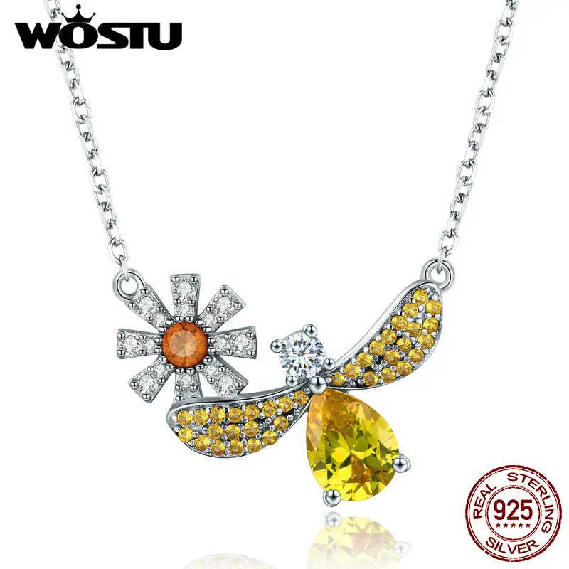 

WOSTU Jewelry Making 925 Sterling Silver Daisy with Bee Yellow CZ Pendant Necklace For Women 925 Jewelry Fashion Gift CQN242