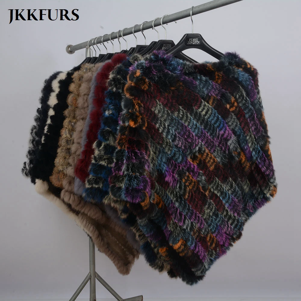 Womens Knitted Poncho Real Rabbit Fur Fashion Style Winter Autumn Warm Fur Shawl Ladies Top Quality Cape S1071S