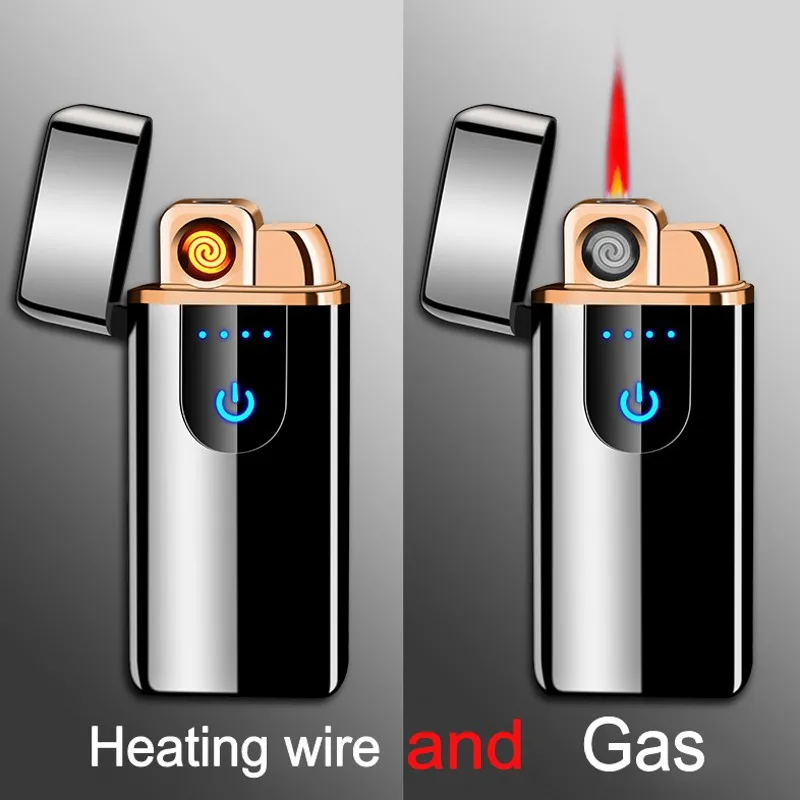 

Newest Both Gas and Electric Lighter Touch Screen Rechargeable USB Lighters Windproof Metal Gas Cigarette Lighter Power Display