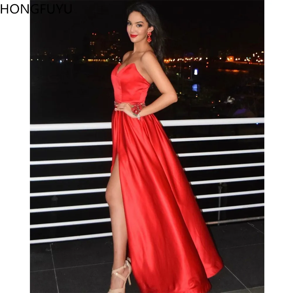 

HONGFUYU Long A Line Evening Prom Dresses Sleeveless Sweetheart Neck Red Party Gowns Formal Robe De Soiree with Slit Pockets Red