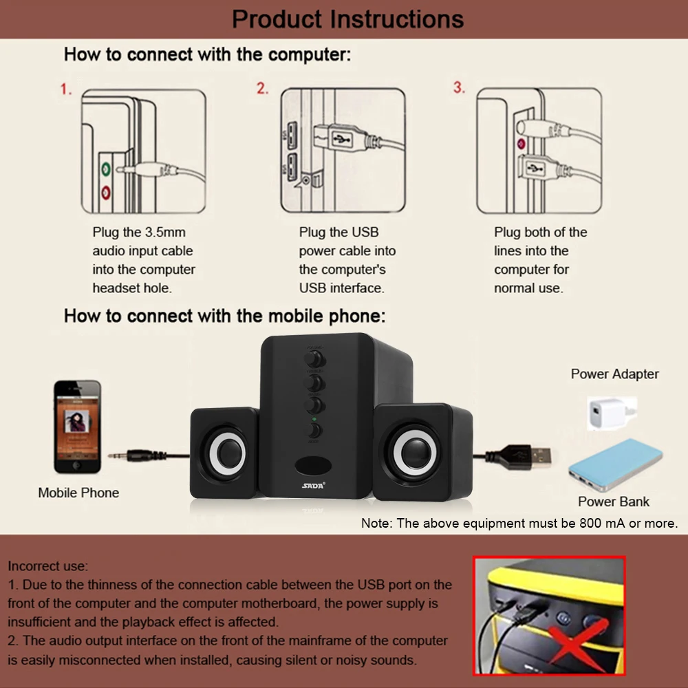 SADA D-202 USB проводной динамик Bluetooth компьютерные колонки звуковая коробка комбинированный динамик стерео Бас Сабвуфер для ПК смартфонов