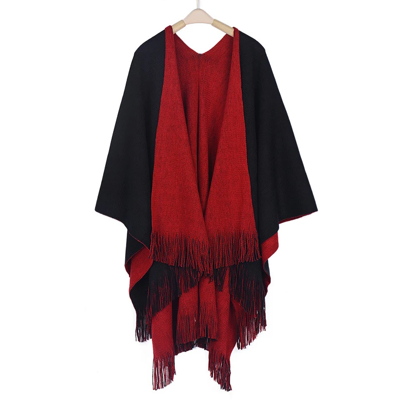 Skup Damskie swetry rozpinane solidne szale dziane ponczo kocyk ponadgabarytowy dwustronny szalik Tassel Fashion Poncho i peleryny