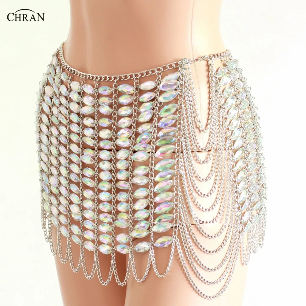 

Chran Silver Gem Stone Skirt Belly Dancer Waist Belt Chain Harness Necklace Bra Bralete Festival Dress Wear Ibiza Jewelry CRS409