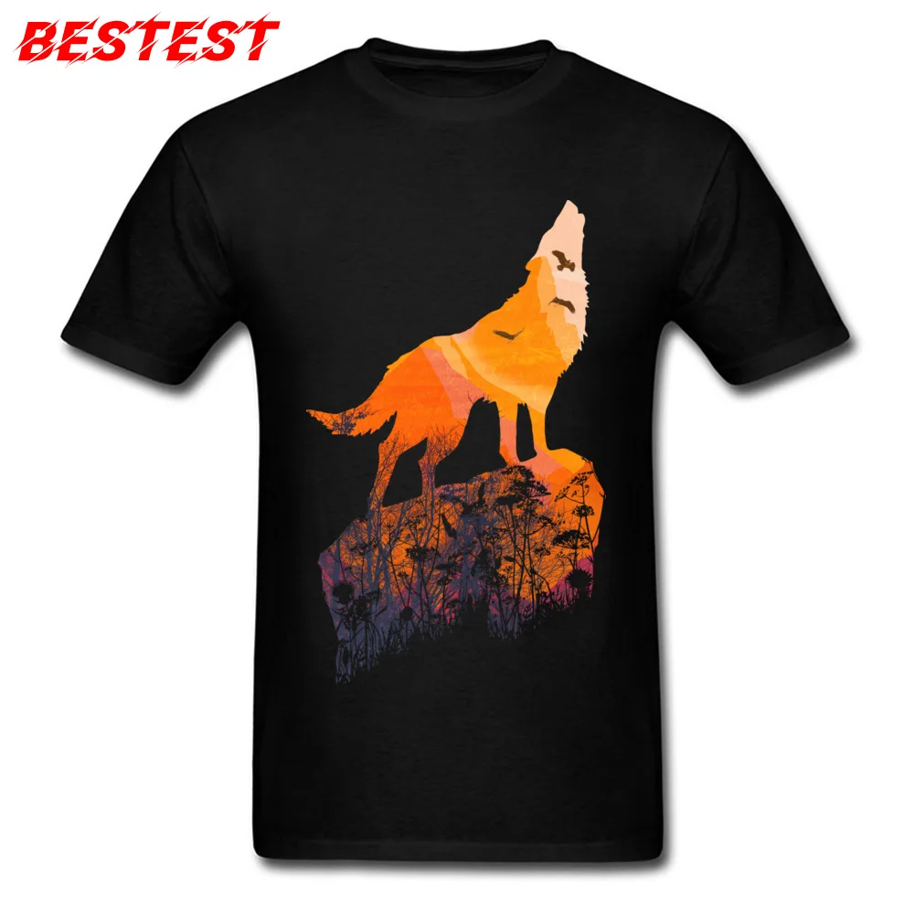 2018 Fashion Design Party Short Sleeve T-Shirt NEW YEAR DAY Round Collar All Cotton Tops Tees for Men Tee Shirt Casual Howling Mountain Wolf With Eagles on Sunset black