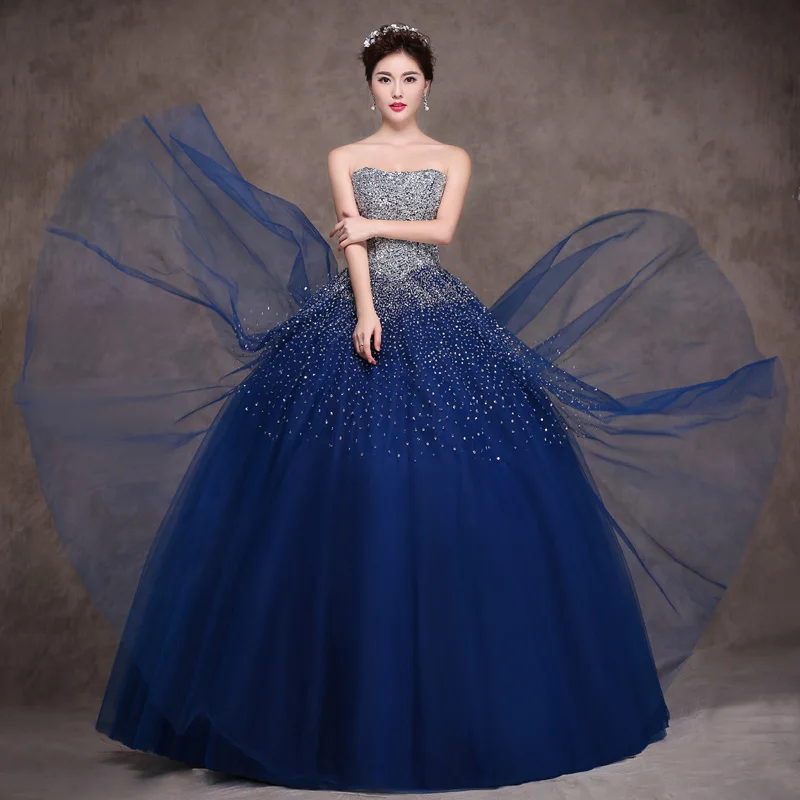 Sparkly Strapless Beading Sequins Ball Gown Prom Dresses Blue