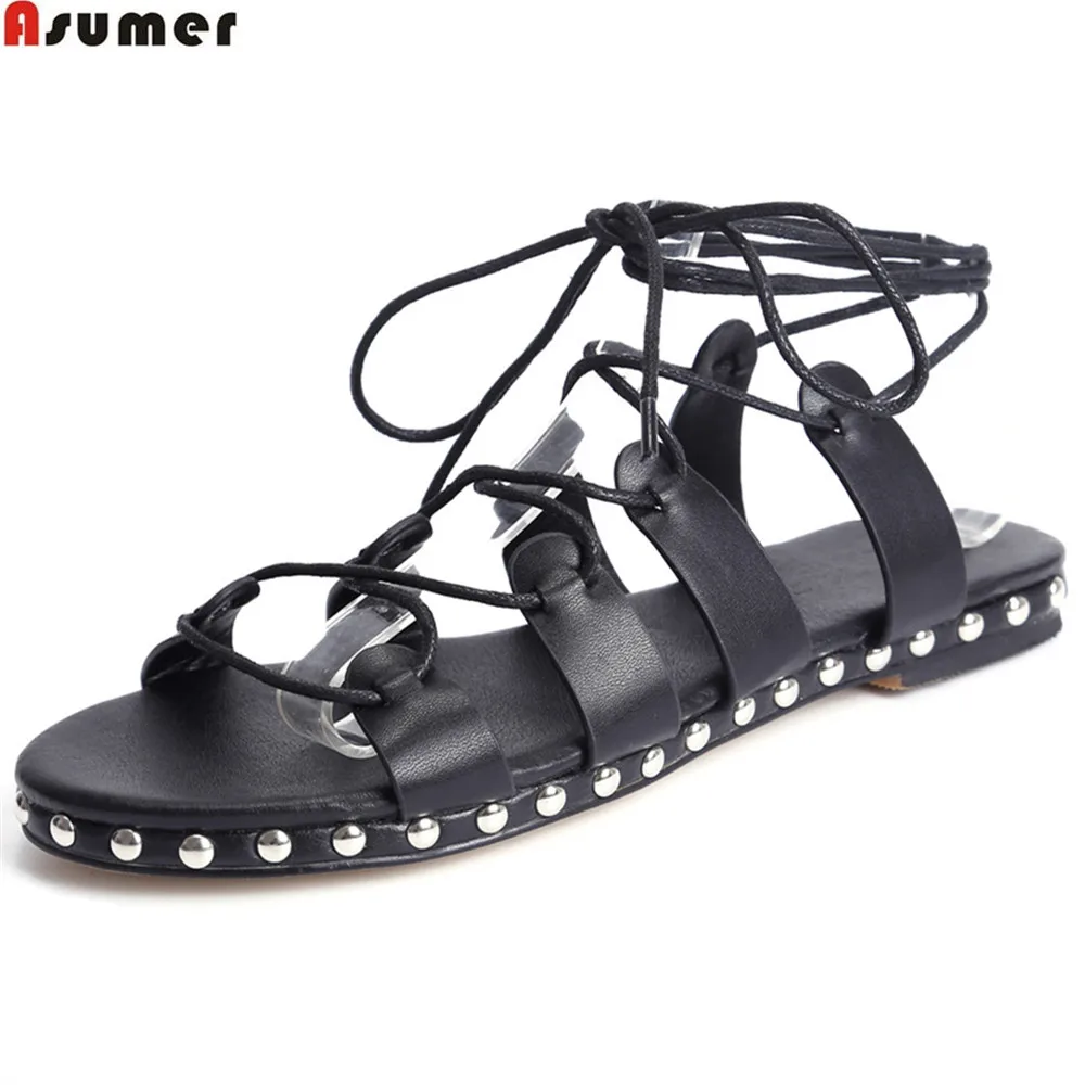 

ASUMER black 2018 summer new arrival ladies shoes casual cross tied flat with fashion women genuine leather sandals