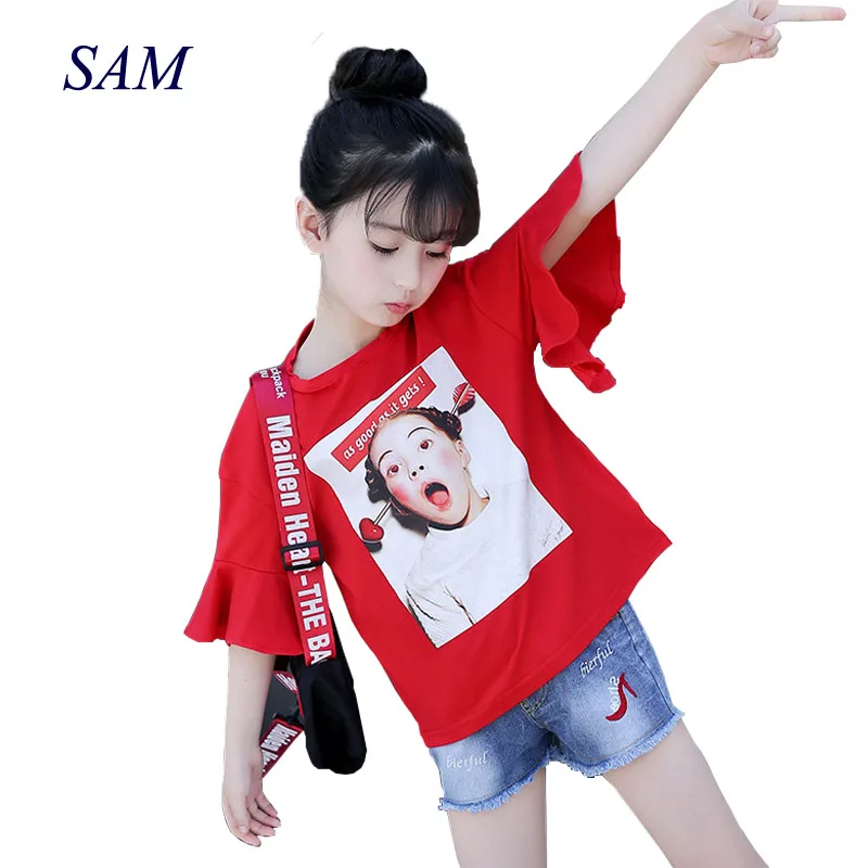 

2019 Summer New Large Child Fashion Tops Girls Alphabet Print Half-sleeved Tees Cotton Children's T-shirt Clothes