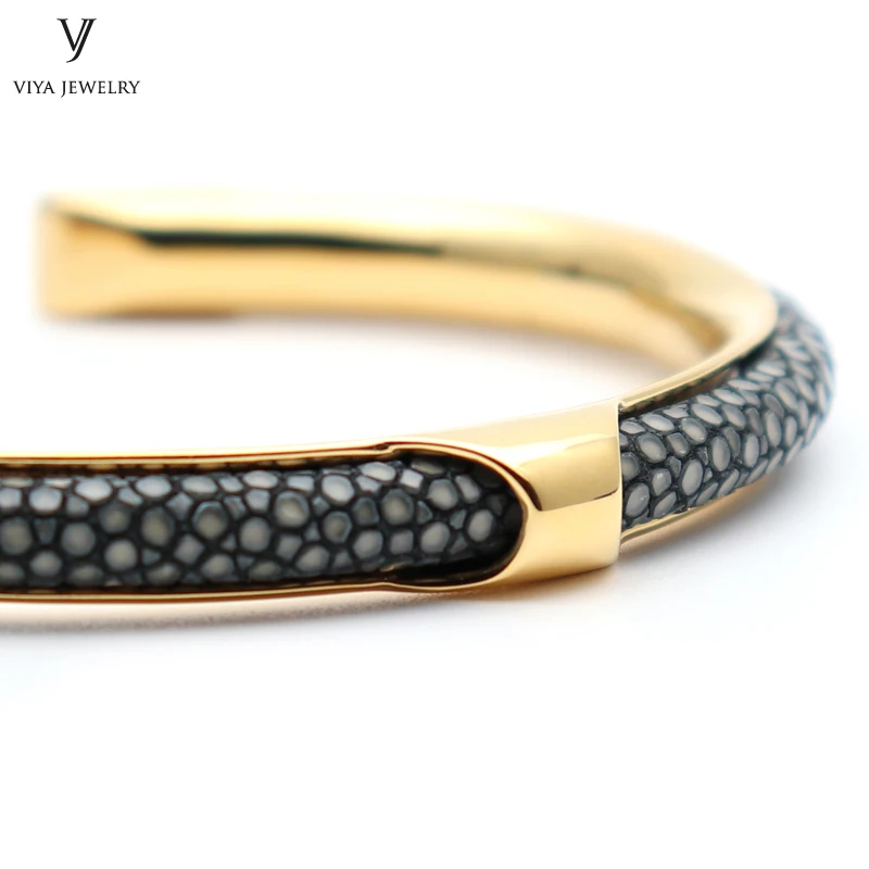 fashion C shape stainless steel bangle with genuine stingray and python leather (4)