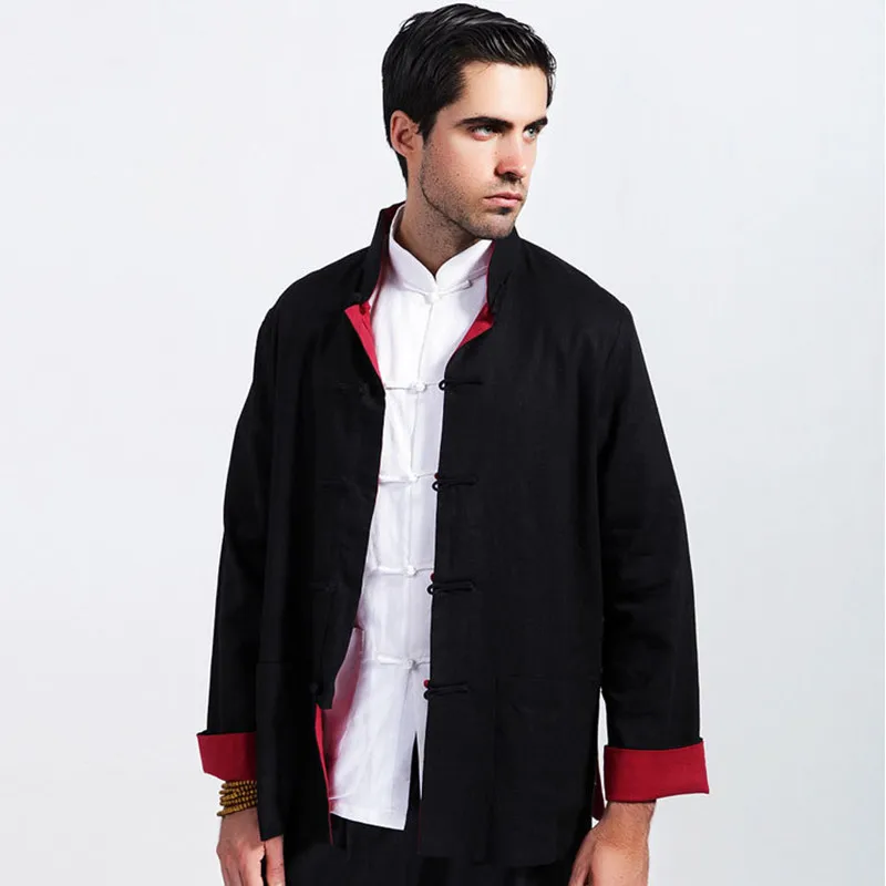 Hot New Black Red Reversible Men Cotton Linen Jacket Chinese