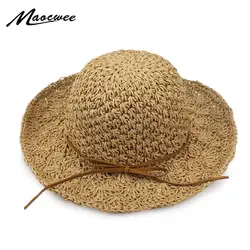 Бантом соломы Шапки для Для женщин Летняя Пляжная мода Защита от солнца шляпу широкими полями складной Панама chapeau Femme широкими полями
