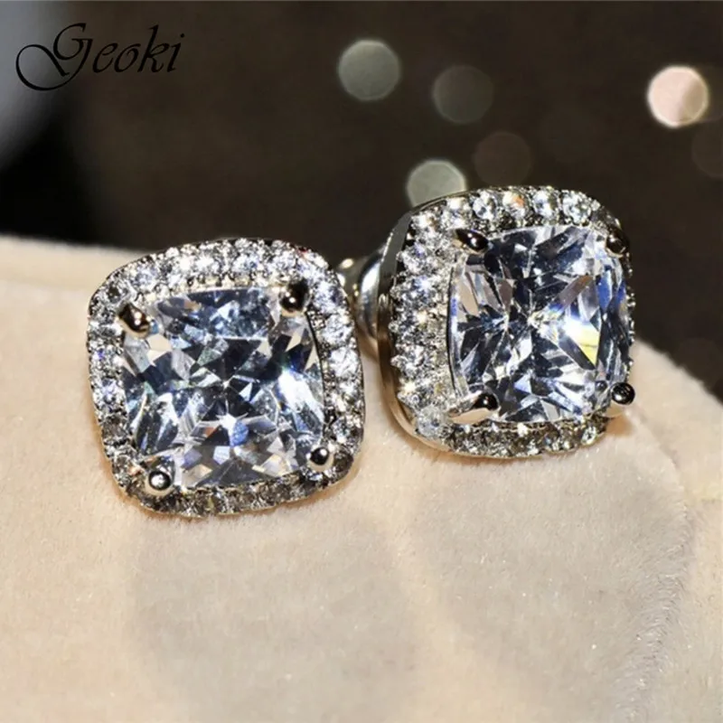

Geoki 2019 Party Earrings for Women Sparkling High Quality Square Cubic Zirconia Statement Stud Earrings Korean Trendy Jewelry