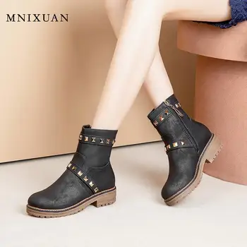

MNIXUAN Western Boots Fashion Block Heel Designer Shoes Woman 2019 new lace up medium heels rivet short martin boots big size 10