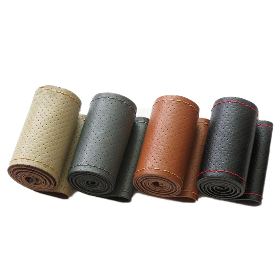 

38cm Anti-slip Genuine Leather DIY Car Steering Wheel Cover Case With Needles And Thread Black Brown Car Styling Universal Use