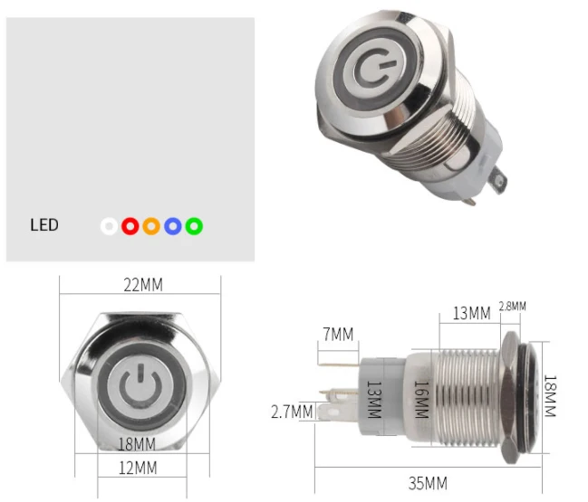 Металлический кнопочный переключатель с LED3V 5V 6V 12V 24V 110V 220V Мгновенный