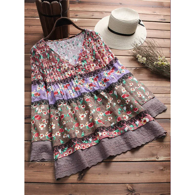 Achat Élégant Imprimé Floral Lâche T shirt Robe Femmes V cou Dentelle Dot Patchwork Tee Casual Dames Automne Plage À Manches Longues Robes
