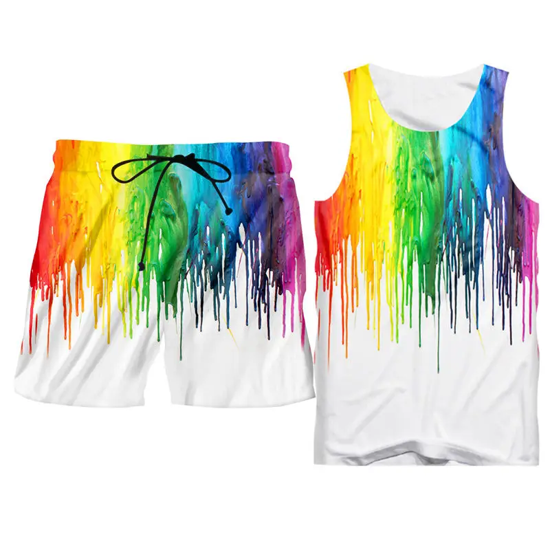 

Fashion 3d Tank Tops Shorts Men's Sets Summer Pop 3D rainbow Print Hoodie Vest Shorts Sets Oversize Hipster Sleeveless Tee Suits