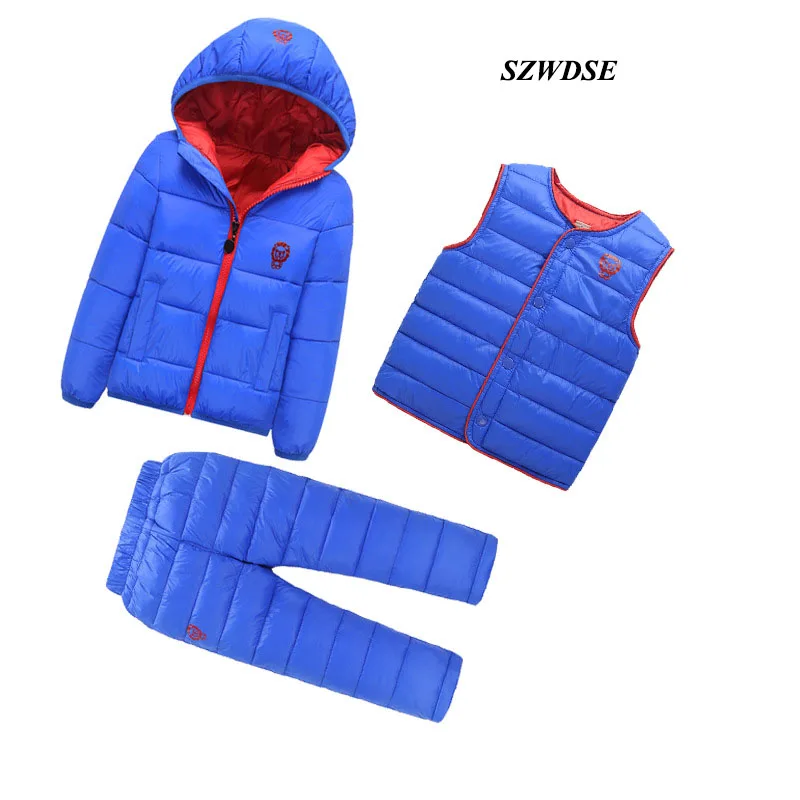 

3Pcs/set Children's Winter warm cotton-padded clothes sets boy/girls windproof cotton hooded coat+waistcoat+full-length pants