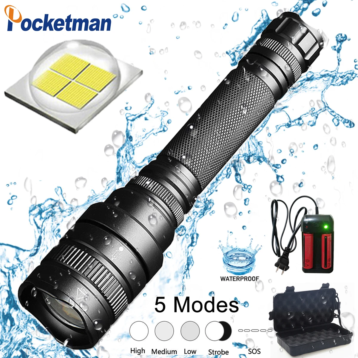 

50000 Lumen High Power 5 Modes Aluminum alloy LED Flashlight Zoomable Waterproof Super light XHP50 z45
