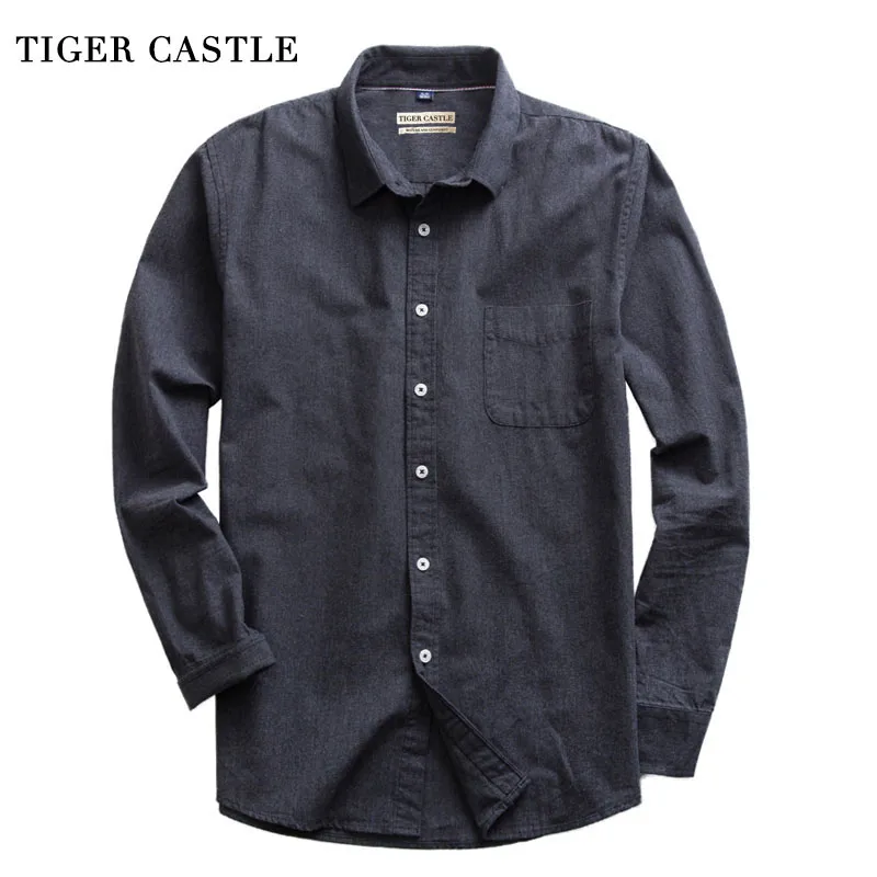 

Mens Brushed 100% Cotton High Quality Dress Shirts Vintage Blue Slim Fit Solid Fashion Blouse Male Designer Long Sleeve Shirt