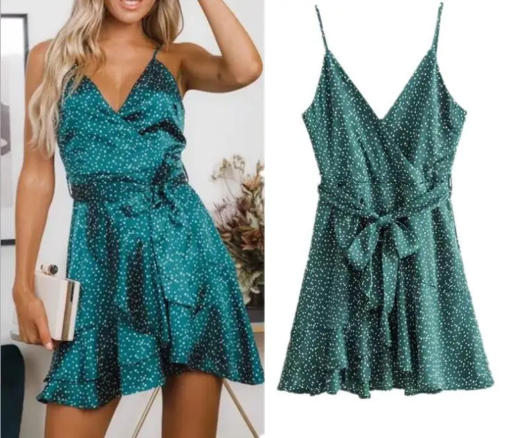 Sexy Strap Backless Stain Short Dress Women Casual High Street Polka Dot Dress Beach Party Holiday Vestidos For Summer