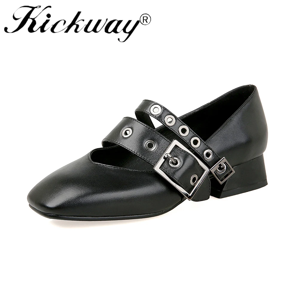 

Kickway Ladies Pumps Shoes Genuine Leather Soft Cow Leather Med Heel Shoes Women Black Nude Pink White Spring Autumn Dress shoes