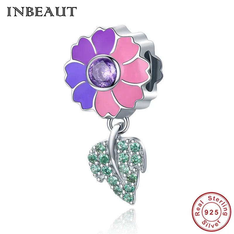 

INBEAUT Women Romantic 925 Sterling Silver Green CZ Leaf Purple Zircon Pink Flower Pendant Beads fit Original Charm Bracelet