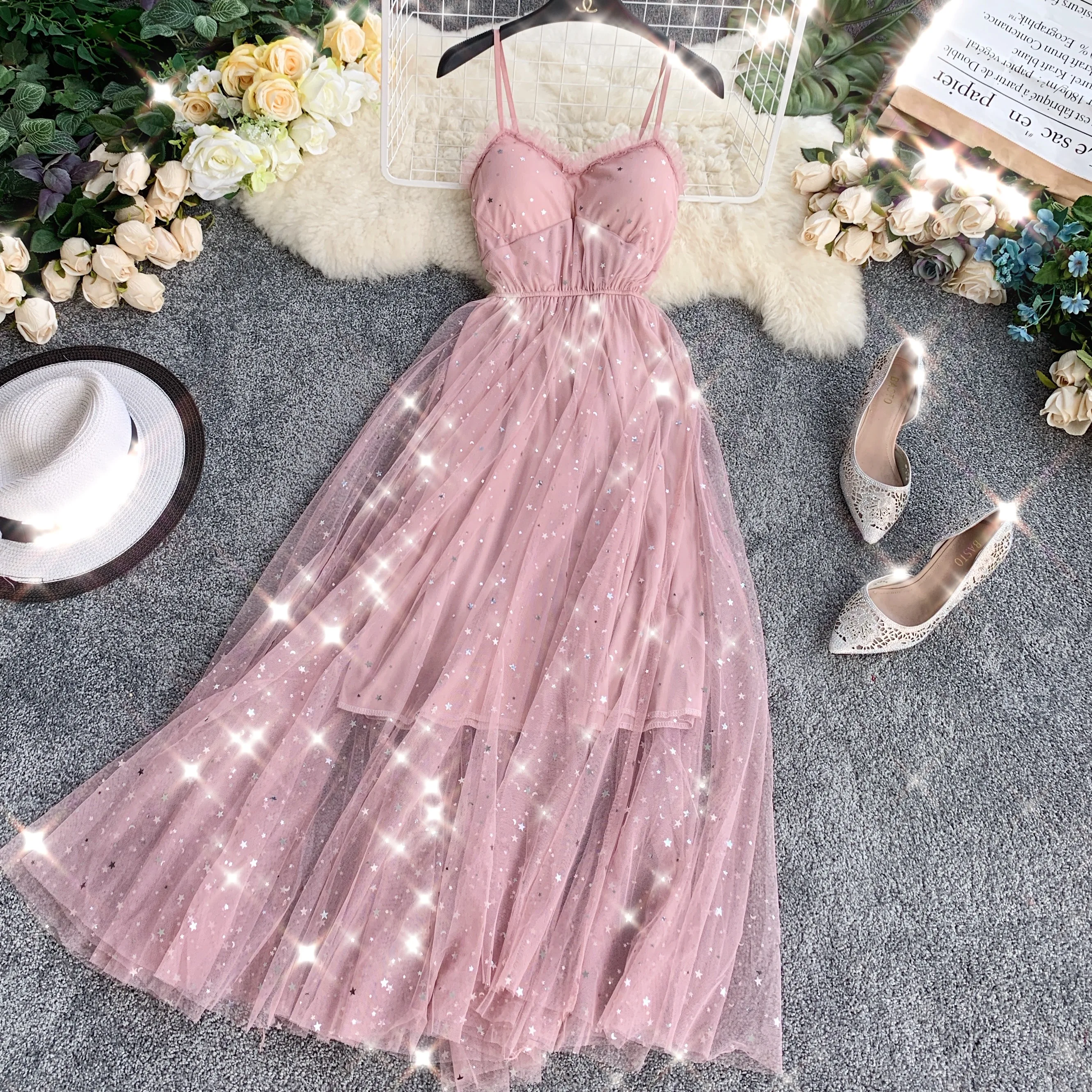 

HISUMA summer new women's Sweet sequins V neck chest cushion waist bling gauze dress female sling ruffles mesh A-line dresses