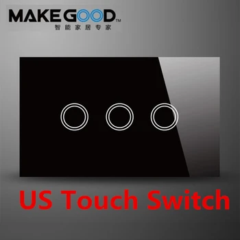 

MakeGood US Standard Touch wall switch 3 gang 1 way, black and white crystal glass screen touch light switch AC 110-240V 6A