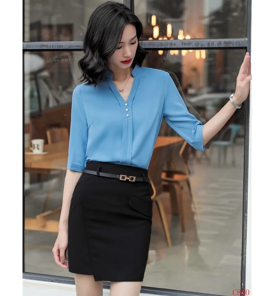 

Spring Summer Fashion Ladies Blue Blouses Women Work Suit 2 Piece Skirt and Top Sets Half Sleeve Shirts OL Styles