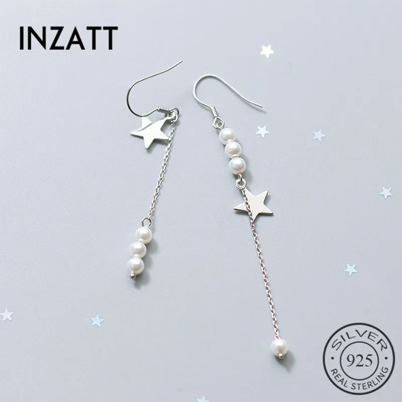 

INZATT Asymmetry Real 925 Sterling Silver Chain Tassel Pearl Star Dangle Drop Earrings For Women Wedding Elegant Fashion jewelry