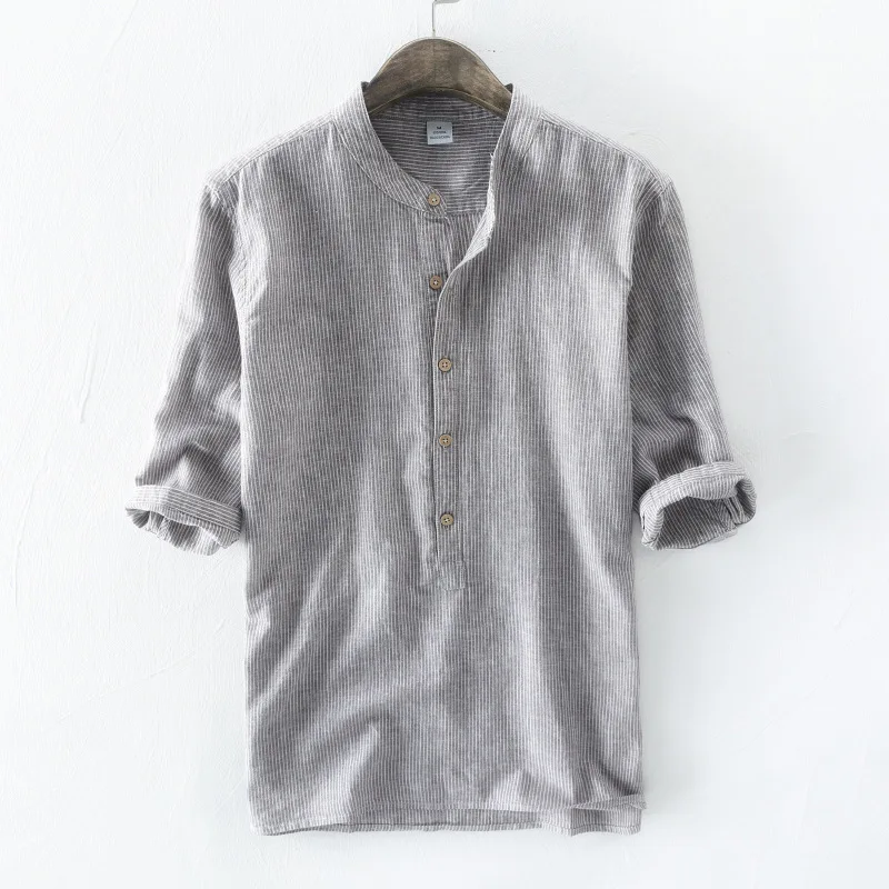 2018 Men's stripe Three Quarter Linen Shirt Mandarin collar summer shirt men linen cotton casual male breathable | Мужская одежда
