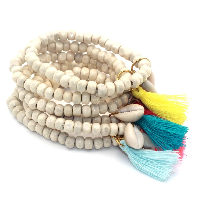 

colorful Tassel 6mm white wooden beads bracelets & bangles with natural shell accessories for women sea beach Bohemia