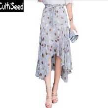 Женские летние Лист Печать Асимметричный оборками Длинные Шифоновая юбка Леди эластичный пояс Повседневное юбки со шнуровкой до лук