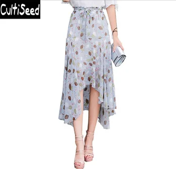 

Female Summer Leaf Printing Asymmetrical Ruffles Long Chiffon Skirts Lady Elastic Waist Casual Skirts with Lacing up Bow