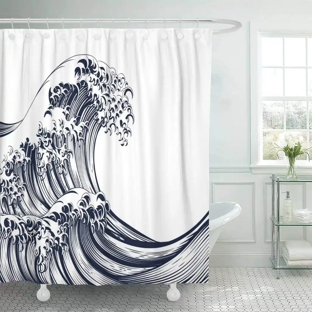 Shower Curtain With Hooks Blue An Oriental Anese Great Wave In Vintage Retro Engraved Etching Woodcut Style Bathroom Curtains Aliexpress Shower Curtain With Hooks Blue An
