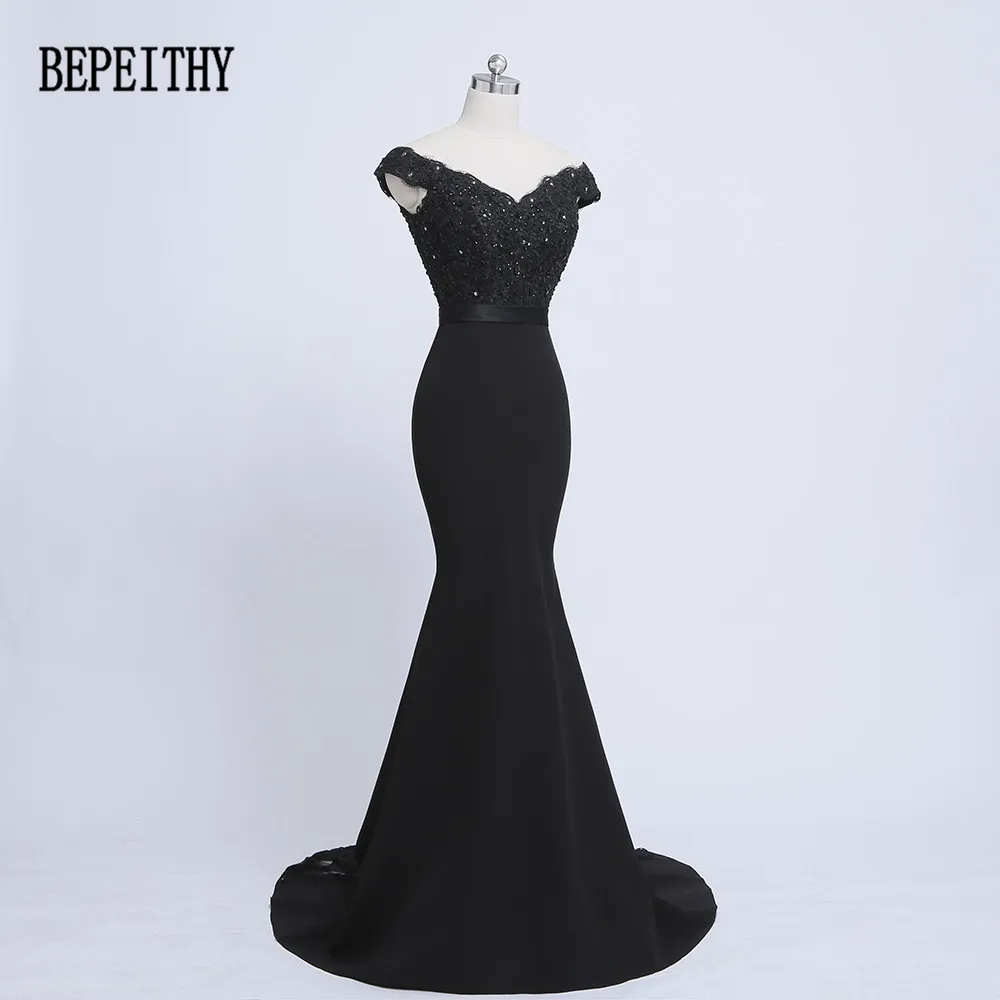 BEPEITHY Vestido Longo Новое поступление Черное длинное платье для выпускного вечера с аппликацией из бисера Русалка с открытыми плечами створки вечерние платья