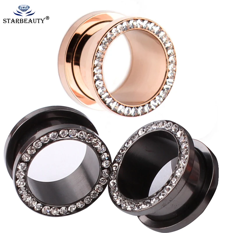 1Pair Full Zircon Black Plugs and Tunnels Earring Gauges Plugs Ear