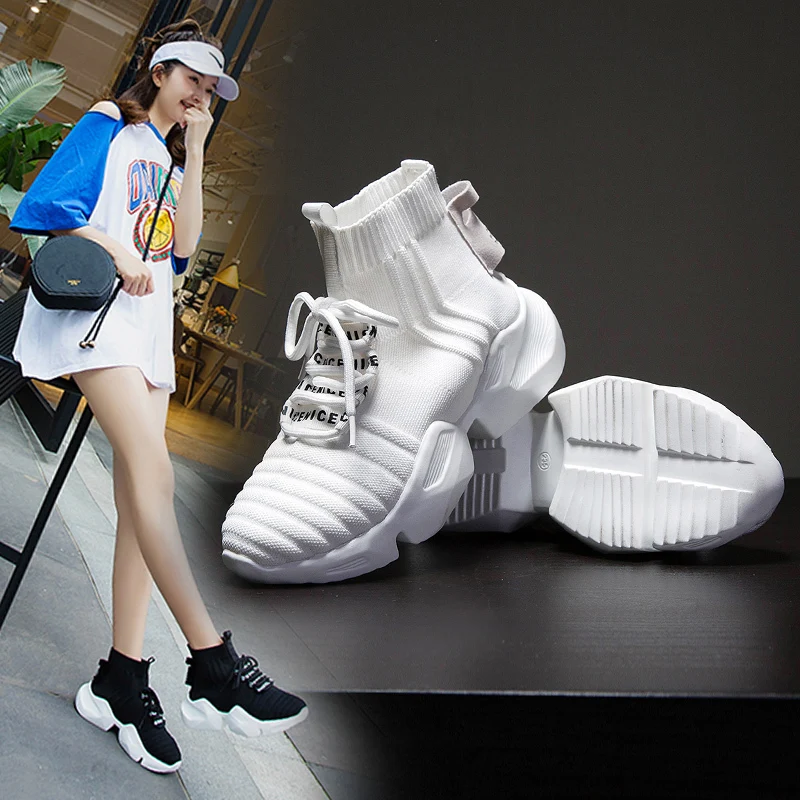 

2019 New Fashion Lady Spring Mesh Breathable Sneakers Flyknit Shoes Women Med Heel Casual Shoes Brand Shallow Female Solid Shoes