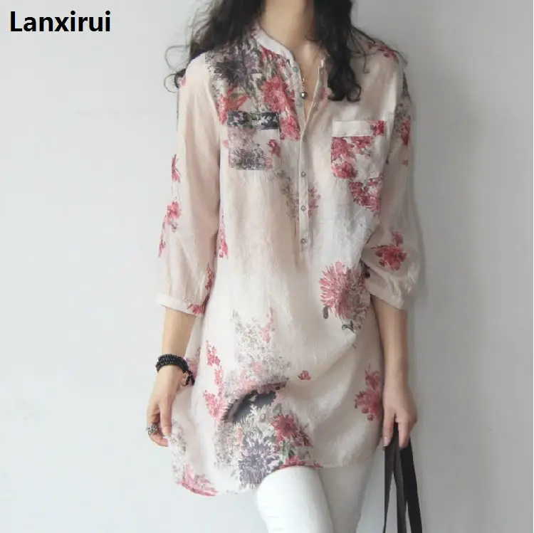

2018 Summer Sheer Thin Women Flower Pattern Long Shirts Linen Big Size Female Tunics Classic Blouse Chinese Floral