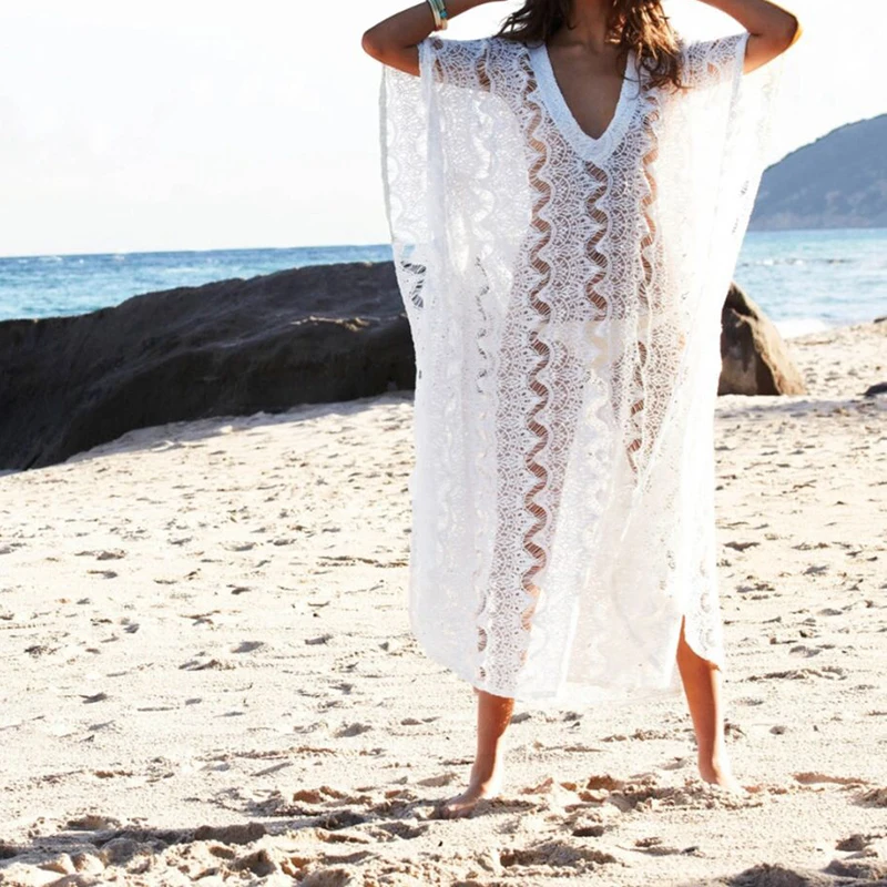 

New Lace Cover up Honeymoon Holiday Long Beach Dresses Saida de Praia Feminino 2019 Bathing suit Cover up Kaftan Beach Tunic