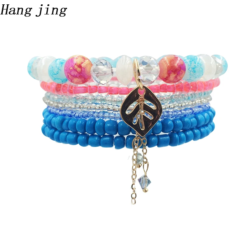 

7pcs/set femme 2019 couple luxury cute elastic charm friendship wrap boho leave crystal bead bracelet boheme for woman jewelry