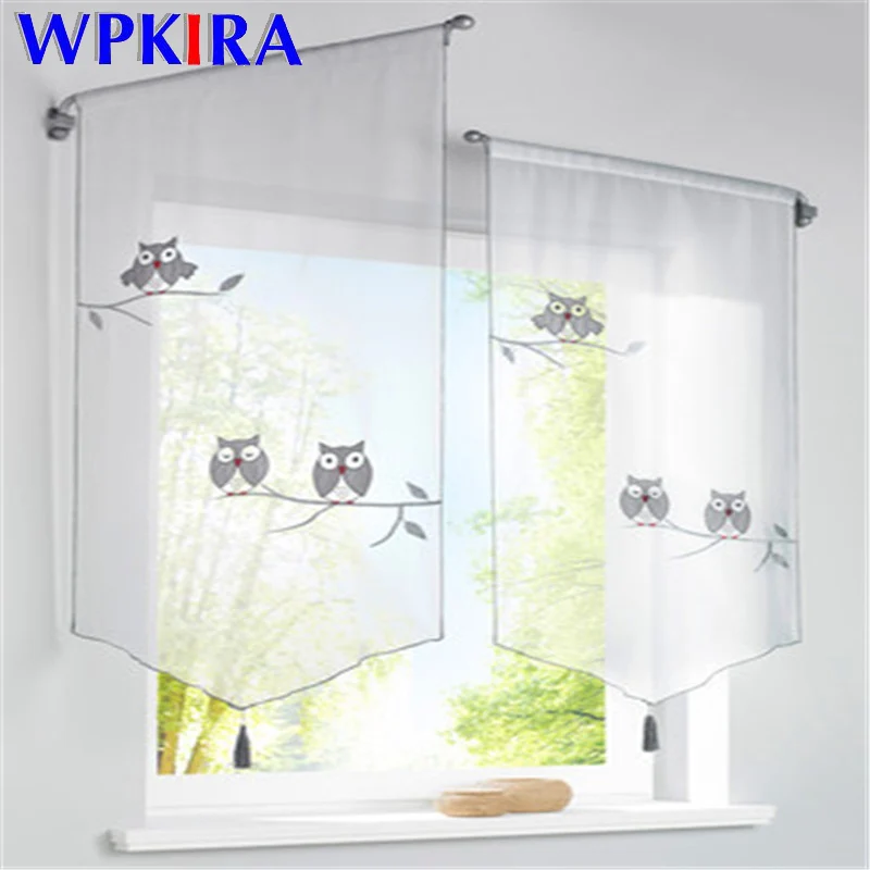 

1PC White Kitchen Short Curtains Owl Pattern Roman Blinds Grey Tassel 3D Butterfly Sheer Tulle Curtains Small Window Curtain #3