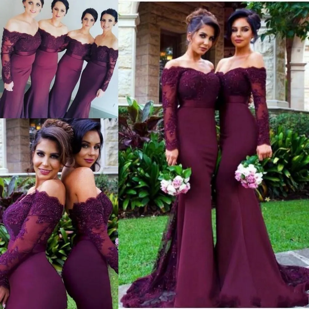2017 Burgundy Long Sleeves Mermaid Bridesmaid Dresses Lace
