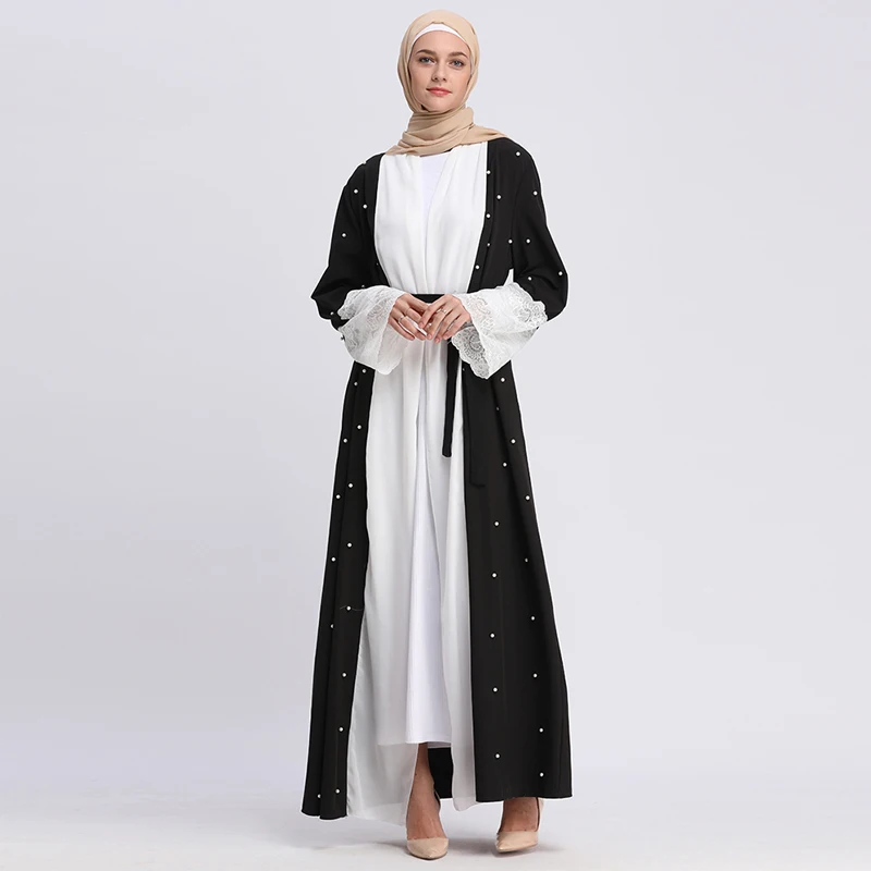 Черное платье Дубая кружево жемчуг мусульманское платье хиджаб Абая для женщин кардиган Катара jilбаб турецкая исламская одежда